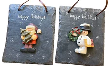 (2) Christmas Holiday Plaques Snowman & Santa Faux Slate 6” X 7.5” Leather Strap