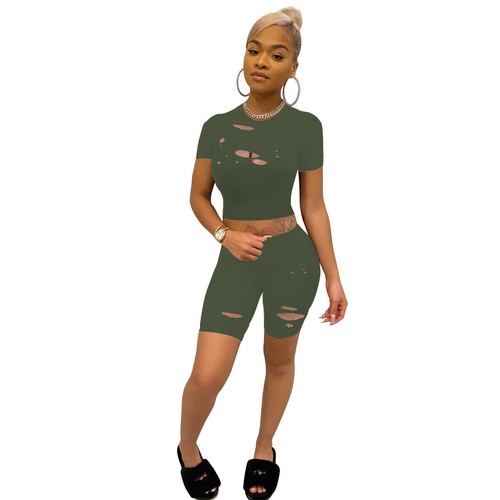 Nuevo Moda Mujeres Mangas Cortas Cuello en O Rasgado Retazos Sólidos Informales Conjunto de Pantalones - Imagen 7 de 12
