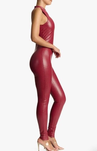 Naked Wardrobe Crocodile Embossed Faux Leather Jumpsuit Retail $128 Red Large - Picture 2 of 5