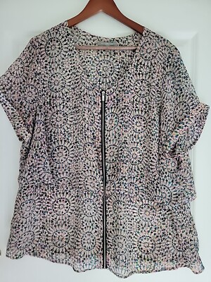 NY Collection Plus Size 2x Semi Sheer Top Full Zip Rolled Sleeve Two Tier Multi
