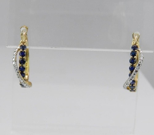 2 Karat runde Labor erstellt blaue Saphirreifen Ohrringe 14k gelb vergoldet versilbert - Bild 4 von 6
