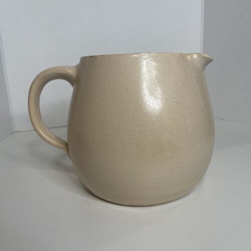 P.R. Storie Pottery Co. Marshall TX Stoneware Beige Pitcher w Homestead Scene - Picture 3 of 10