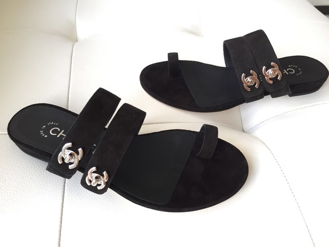 chanel black leather sandals