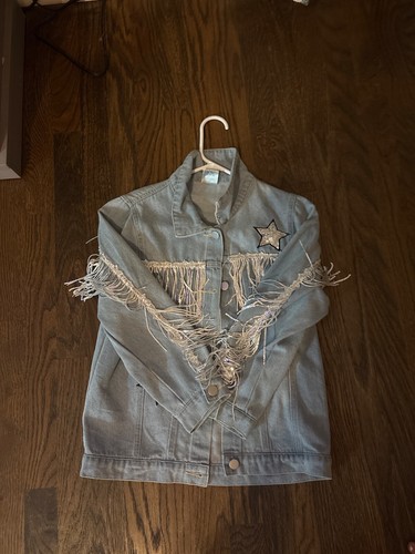 Let's Go Girls" Silver Fringe Denim Jacket girls 4xl