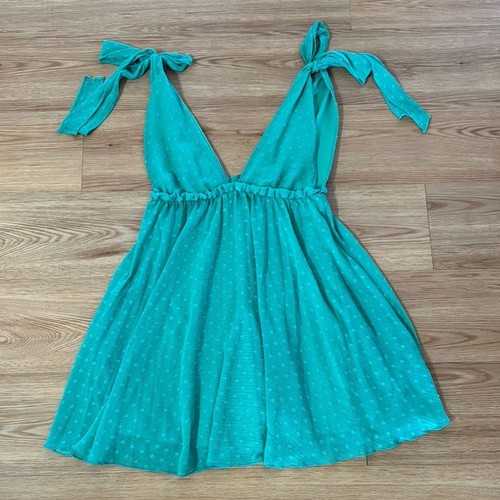 ASOS Petite Women's Tie Shoulder Mini Dress 2 Kelly Green Flowy Babydoll Dots - Picture 2 of 5