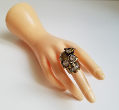 Alexander McQueen Large 3D Skull Logo Crystal Bee Statement Ring