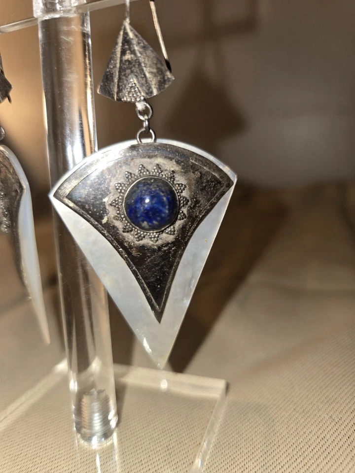 Mother of Pearl Triangle Earrings MOP Lapis 925 Tribal Iridescent Shell Mermaid  - Image 2 of 4