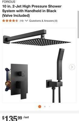 FORIOUS 10'' High Pressure Matte Black Shower System, Rain & Jet, Valve, Handheld