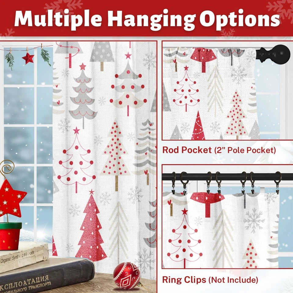 Cortina de Navidad, Árbol de Navidad Bosque Rojo Gris Cortinas Transparentes, Varilla de Invierno... Foto 4 de 4