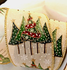 Christmas Trees 2.5" by 5 yds Creamy Beige Wired Ribbon Snowflakes Metallic Gold