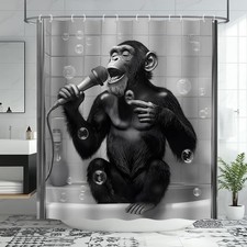 70x70 Inch Funny Monkey Shower Curtain Black Grey Chimpanzee Bathtub Hooks