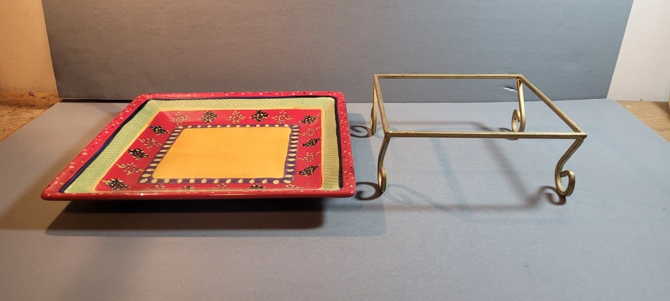 VTG TableTops Gallery Rumba Hand Crafted & Painted 10" Square Tray & Stand Fine - Image 2 of 4