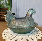 Indiana Blue Iridescent Carnival Glass Hen on Nest HON vintage chicken dish Bead
