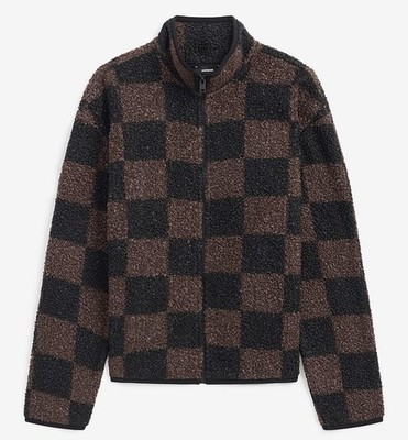 Express Jacket Mens Large Brown Black Check Sherpa Fleece Full Zip Bomber New