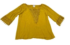 Naif Mustard Yellow Peasant Festival Gypsy Crochet Lace Blouse Women's - Size PM