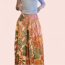 True Destinations Tropical Leaf Print Wide Leg Flare Palazzo Pants Womens SZ S