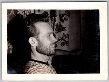 Vtg B&W Snapshot Handsome Smiling Bearded Man In Striped Shirt Profile July 1947