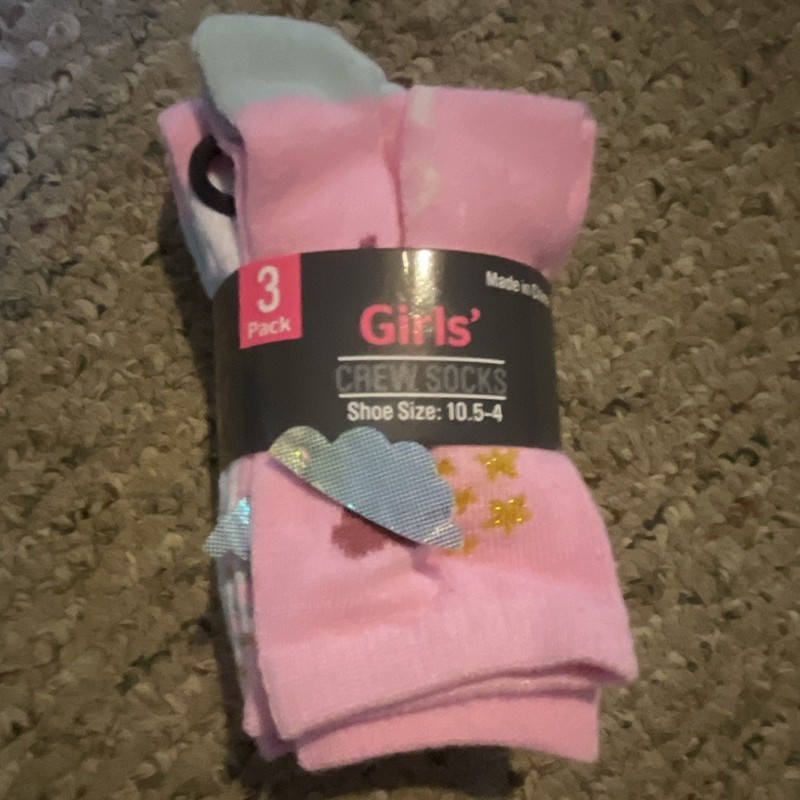 Girls Crew Socks 3-Pack Pink/Gray/White Shoe Size 10.5-4 Multipack
