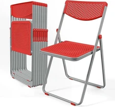 VINGLI Plastic Folding Chairs, Comfortable Foldable Chair , Red, 8 Pack