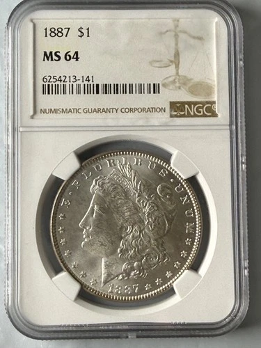 1887 $1 Morgan Silver Dollar NGC MS64 Very Clear Detail Extra Bright Silver Tone