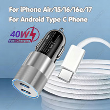 Fast Charger PD 40W Car Adapter USB C Type C Cord For iPhone17 16 15 Pro Samsung