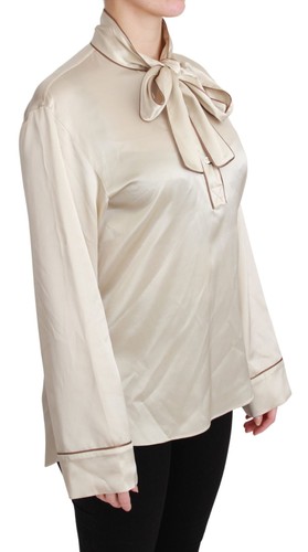 Dolce&Gabbana Women Beige Blouse 100% Silk Satin Bow Collar Fashion Casual Shirt - Picture 2 of 6