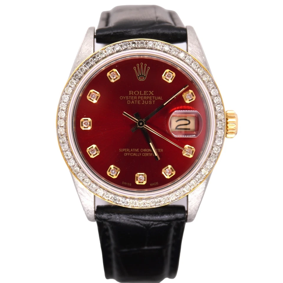 Rolex Mens Datejust 36mm Gold/Steel ICED 1.50ct Diamond Red Dial Watch Leather