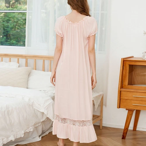 Camisón de mujer princesa manga corta cuello cuadrado algodón suave vestido largo para dormir - Imagen 13 de 34