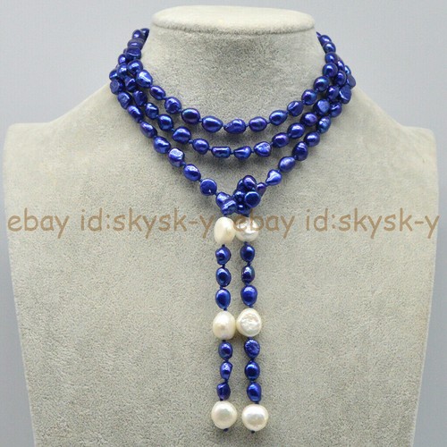 50'' Women's 8-9mm Blue 11-12mm White Freshwater Baroque Pearl Long Necklace - Picture 2 of 5