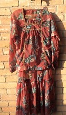 VTG 70s Butterfly Print 2 Pc Skirt Set Sz L Handmade Top Skirt Hippie Festival