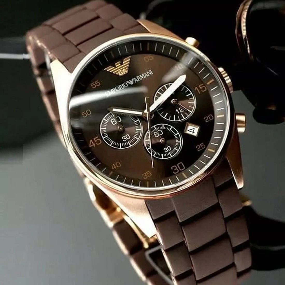 NEW GENUINE EMPORIO ARMANI AR5890 BROWN ROSE GOLD SILICONE STRAP