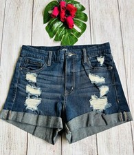 Aero Women  s Dark Wash High Waist Curvy Distressed Ripped Cuffed Denim Shorts 8