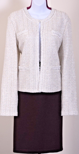 ST.JOHN Women's Tweed White Beige Brown Trim Jacket & Skirt Sz 16 - Picture 1 of 8