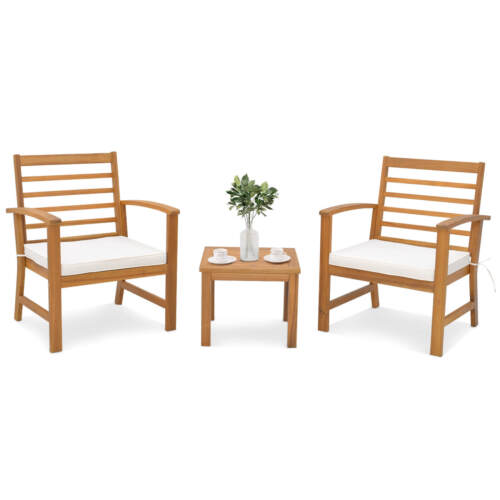 3 PCS Outdoor Furniture Set Acacia Wood Conversation Set w/ Soft Seat Cushions
