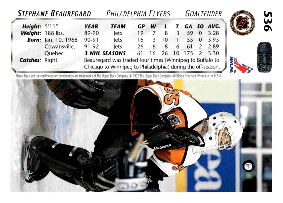 Stephane Beauregard - Signed 1992-93 Upper Deck Card #536 - Image 2 of 2