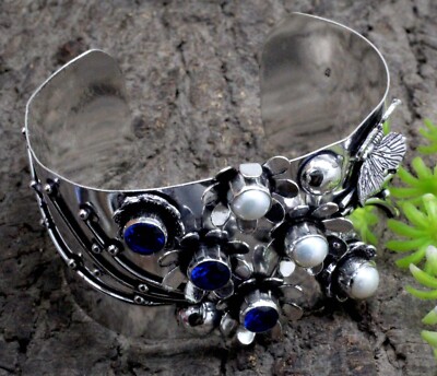 925 Sterling Silver Sapphire Pearl Gemstone Jewelry Cuff Bracelet S-ADJ