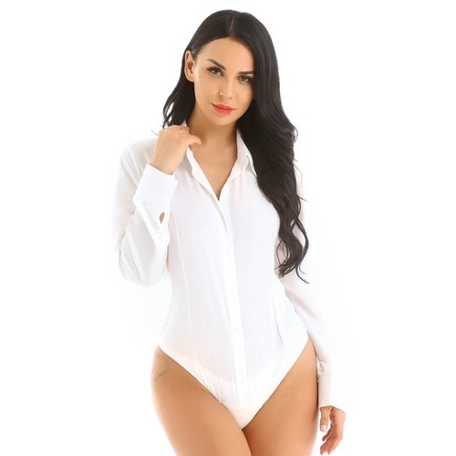 Womens Bodysuit Long Sleeve Shirt Button Down Leotard Slim Fit Jumpsuit Solid - Picture 24 of 55