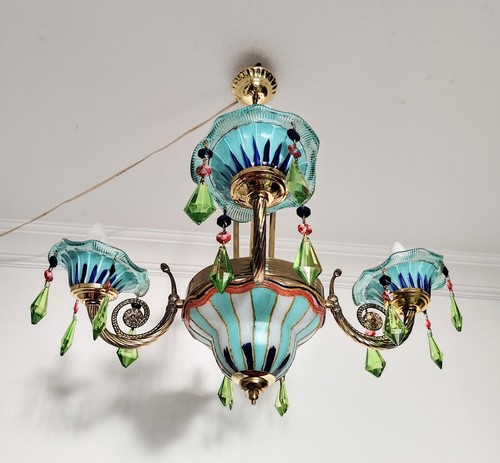 Vintage Retro Glass Green Blue Hand Painted Dining room Chandelier Light Ceiling - Picture 9 of 9