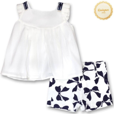 MÄDCHEN EINZIGARTIGES MARINEBLAUES UND WEISSES SPANISCHES 2-TEILIGES SHORTS SET ALTER 3 JAHRE VON QUINPER