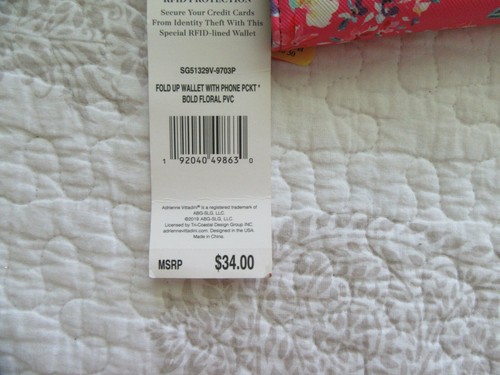 Adrienne Vittadini Wallet, NWT,Pink floral,gold logo bar, phone pocket - Picture 7 of 7