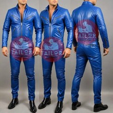 MENS BLUE SOFT LEATHER CATSUIT FRONT ZIPPER OVERALL JUMPSUIT CLASSIC STYLE SUIT