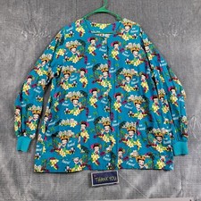 VTG Betty Boop Button Up Hawaiian Long Sleeve Scrub Top Women's Plus 2XL Blue