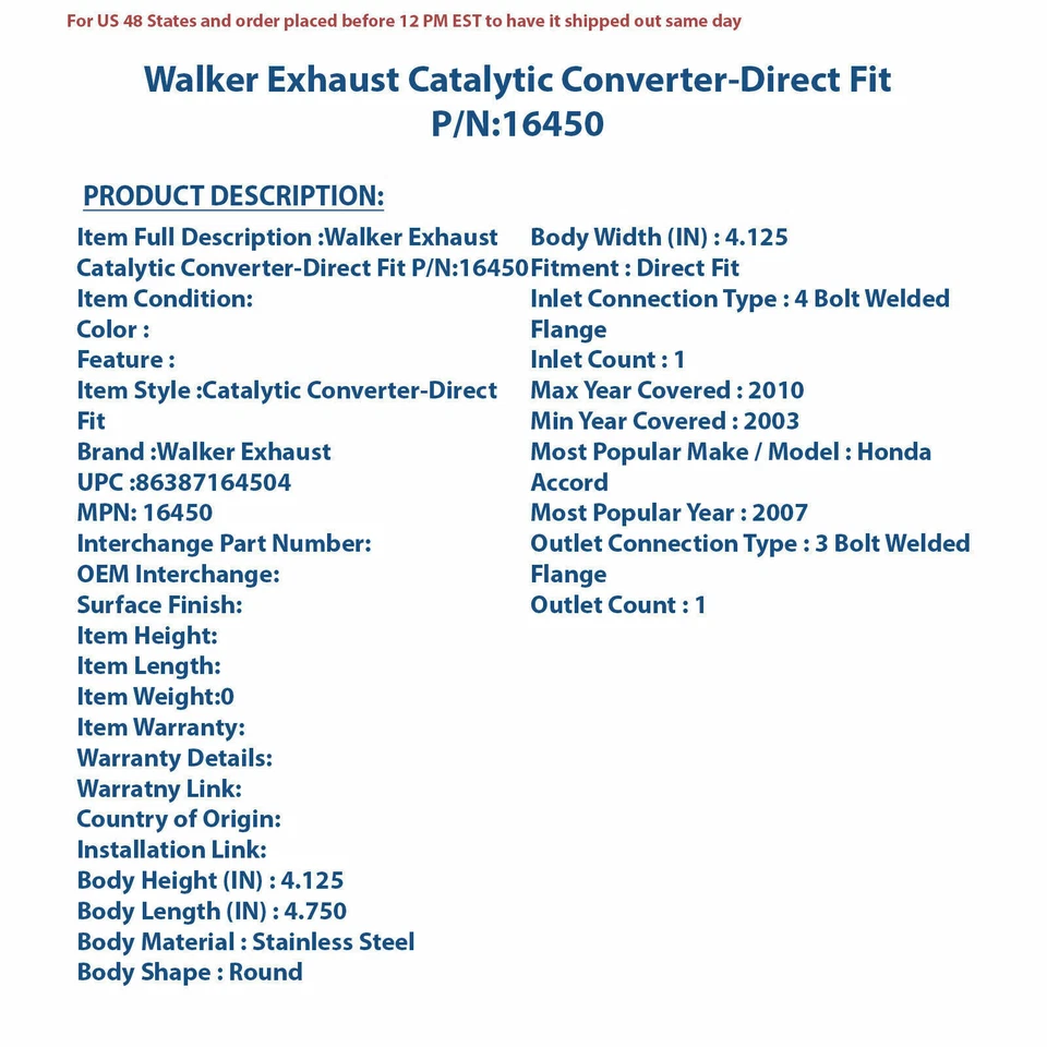 Convertidor catalítico de escape Walker - ajuste directo 16450 Foto 4 de 4