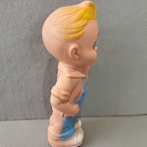 Vintage Rubber Squeak Squeeze Toy Star Boy Doll Blue Overalls Yellow Hair 1950 - Picture 4 of 8
