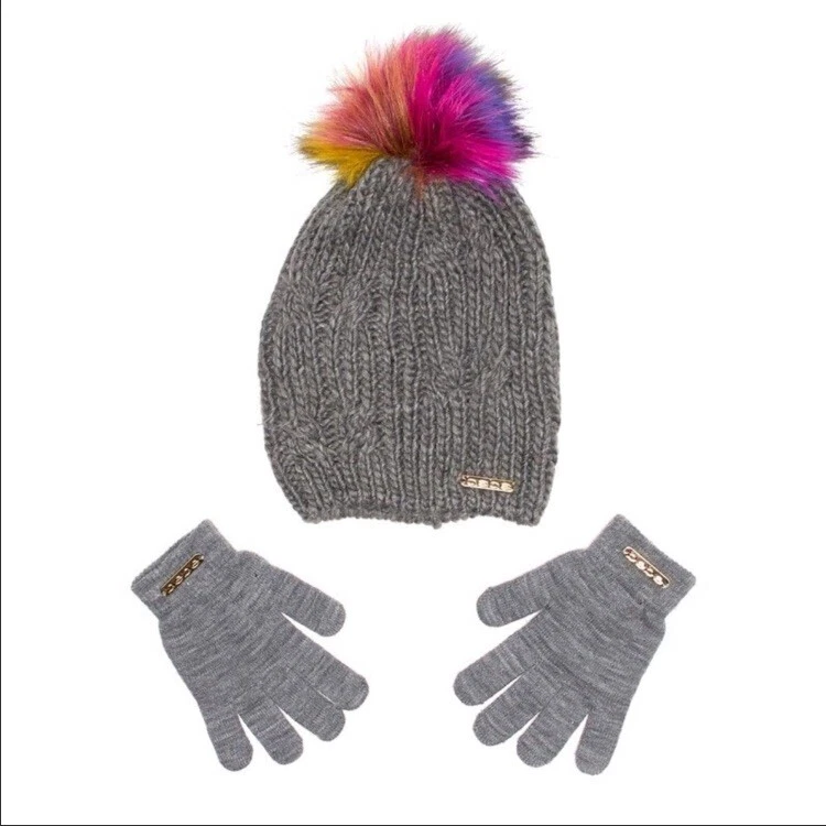 NUEVO CON ETIQUETAS BEBE Logo Gris Pom Pom Sombrero y Guantes Conjunto Gorro Invierno Moda Acogedor Foto 4 de 4