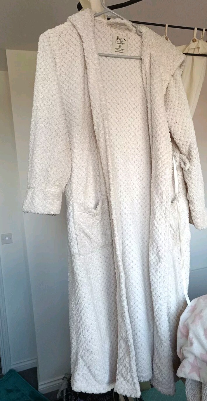 PRIMARK Women's XS/4 fleece DRESSING GOWN bath robe WHITE with belt ...