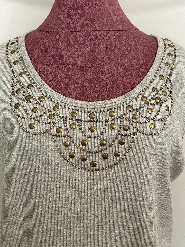 Camiseta sin mangas para mujer Jason Maxwell gris acanalada con cuentas talla 1X Foto 3 de 4