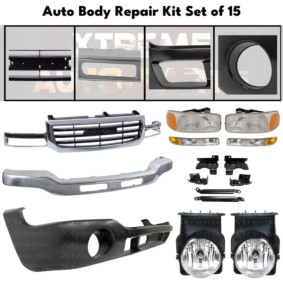 Front Bumper Chrome & Headlights Kit For 2003-2007 GMC Sierra 1500 2500 HD 3500 Foto 2 de 4