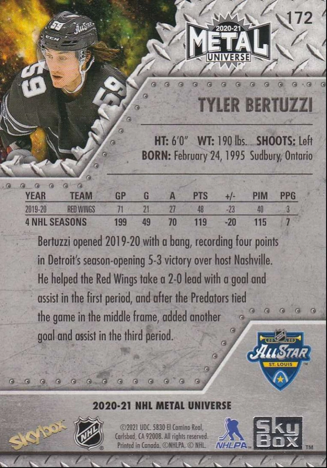 2020-21 Skybox Metal Universe Hockey Tyler Bertuzzi SP All-Stars #172 - Image 2 of 2