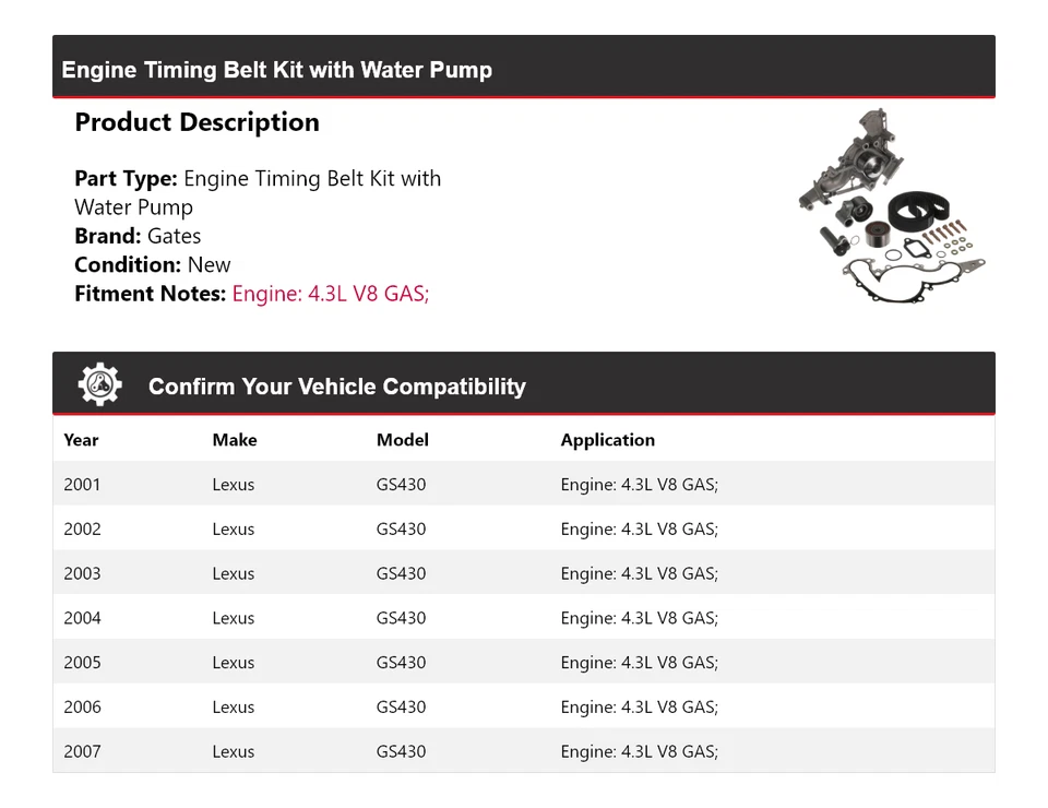 Kit de correa de distribución de motor con puertas de bomba de agua para Lexus GS430 2001-2007 2002 2003 Foto 2 de 4